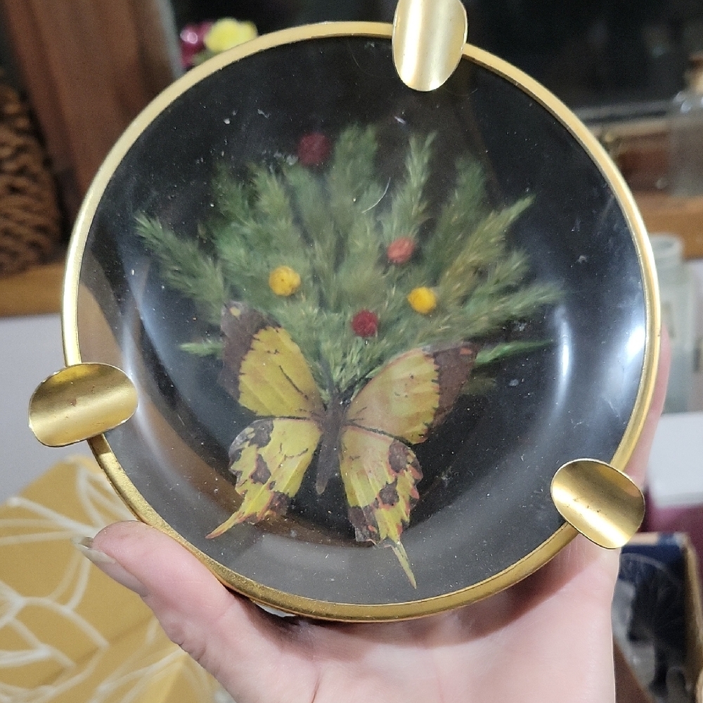 Flamboyant Antique Hawiian Lave & Encased Butterfly Ashtray